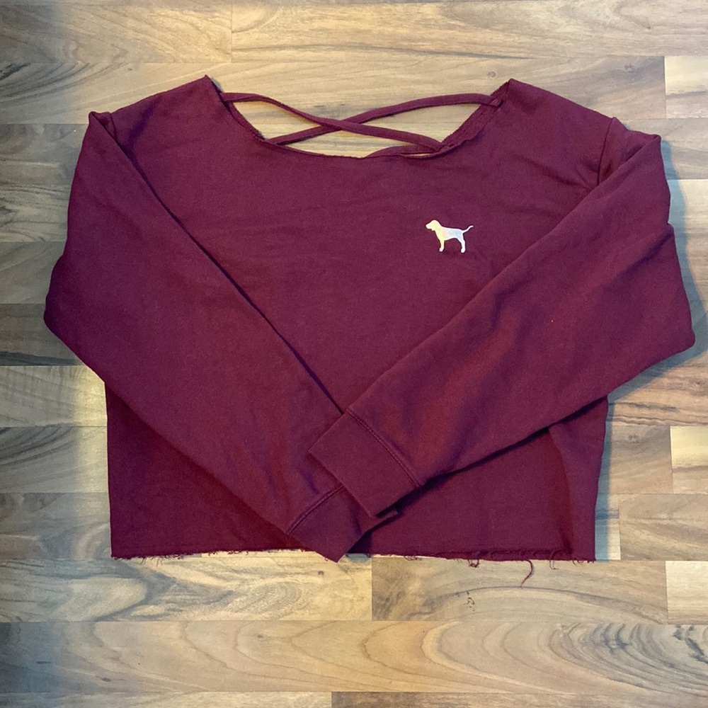 PINK Cropped off the shoulder burgundy sweatshirt